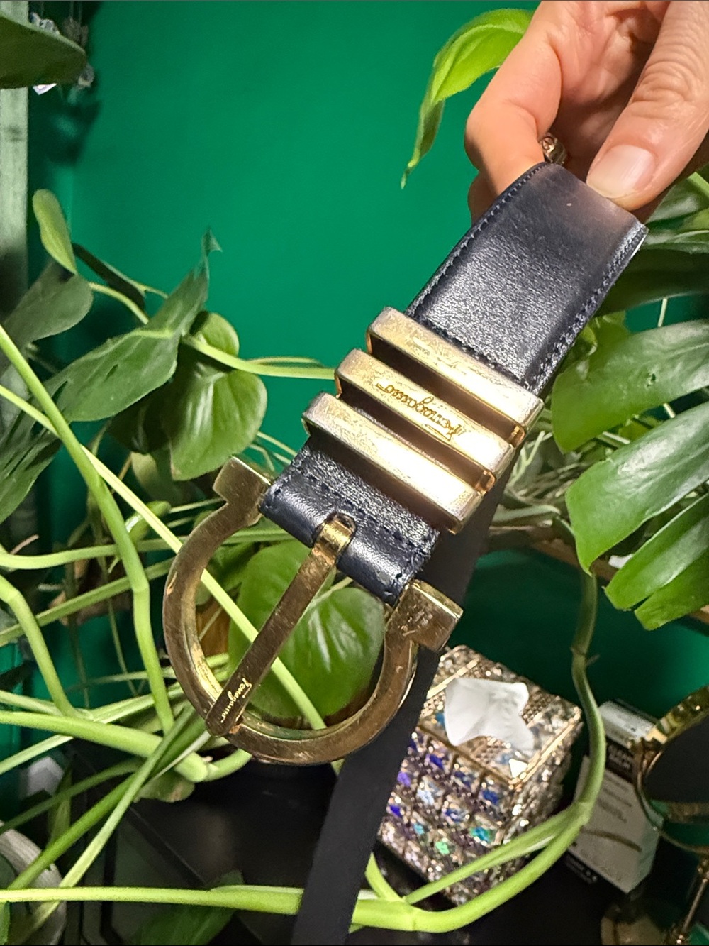 Salvatore Ferragamo Vintage Black Leather Belt with Gold Gancini Buckle sz 70